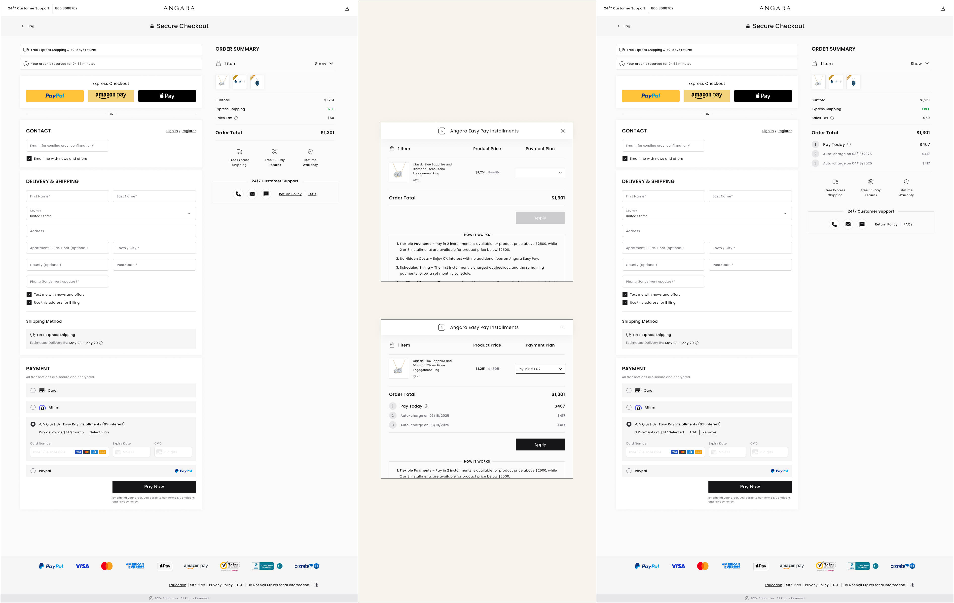 Easy Pay flow on the checkout page: payment option, plan selection pop-up, and selected state
